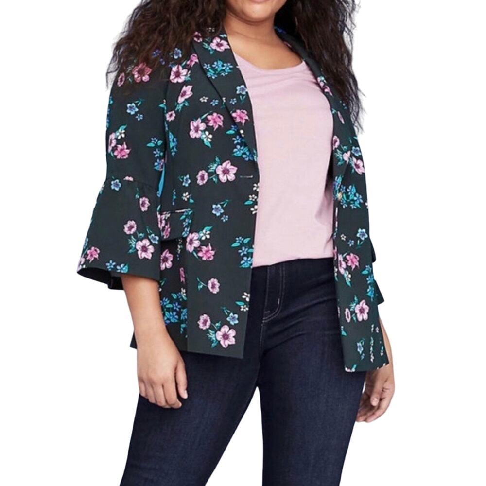 Lane Bryant The Bryant Blazer Deep Green Floral Bell Sleeve Blazer Size 16